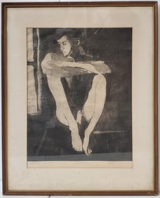 Signed G. Ross Artists Proof Male Nude Seated Figure Vintage Etching