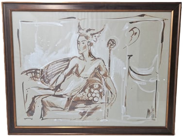 Marta Wiley Hand Signed Hermes Mercury Greco-Roman Highlighted Gouache Original Ink Sketch Painting