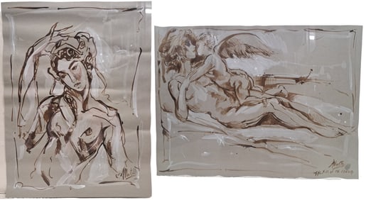 Lot Of Two Marta Wiley Hand Signed Highlighted Gouache Original Ink Sketch Paintings w/ COAs