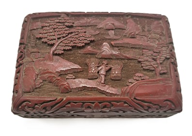 Antique Chinese Qing Carved Genuine Cinnabar Lacquer Blue Enamel Jewelry Trinket Dress Box Humidor