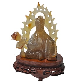 Guanyin Kuan Yin Buddhist Goddess Carved Quartz Statue Figure w/ Wooden Base & Fitted Box