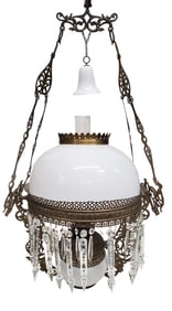 Antique Late Victorian Grand Chandelier Oil Lamp Hanging Light Fixture Prism Crystals