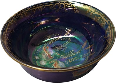 Antique Art Deco Multicolor Lustre Gold Gilt Bird Duck in Pond Porcelain Bowl