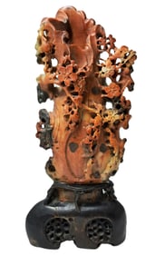 Large Vintage Rust Soapstone Chinese Finely Carved Floral Bird Sculpture Vase