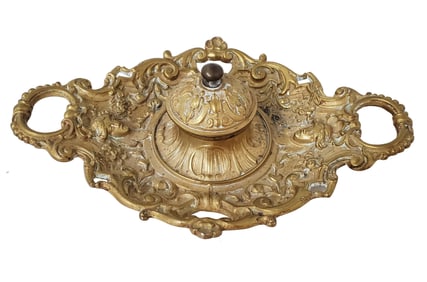 Beaux Arts Fountain Pen Inkwell Repousse Brass or Bronze Woman Desk Tray 9.75in