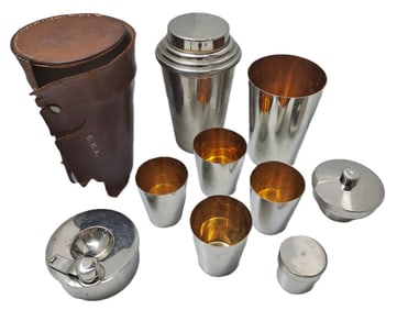 Vintage Chrome-Plated Travel Nesting Martini Set Cocktail Shaker German Made Art Deco c. 1930s