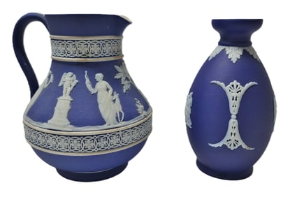 Lot Of 2 Wedgewood Greco-Roman Jasperware Neo-Classical Vintage Cobalt Blue Pitcher & Vase