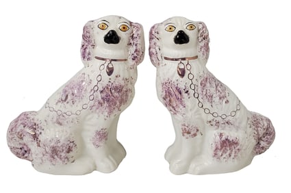 Pair Spaniel Hearth Dogs Staffordshire Porcelain Antique English Gilt Purple 8.5in