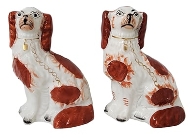 English Staffordshire Porcelain Hearth Spaniel Dog Pair Antique Gilt Red Orange 8.5in