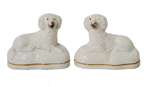 Staffordshire Confetti Poodle Hearth Dog Antique English Pair Porcelain 2.75in