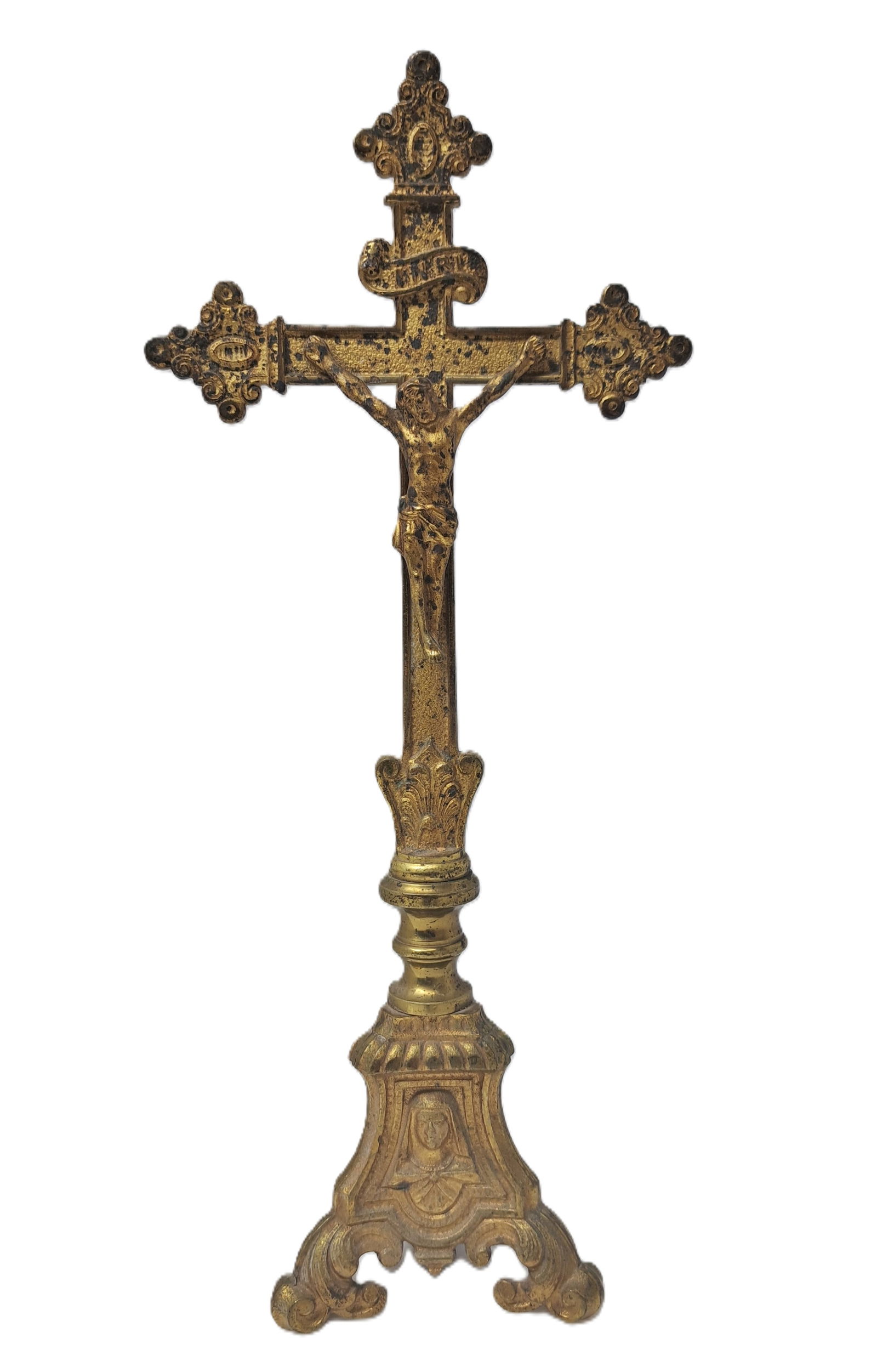 Smaller Antique Brass Altar Crucifix Cross w/ Reliefs of the Holy Family Along Base (1 of 10)