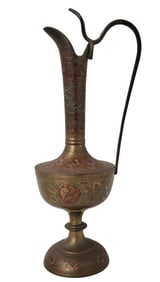 Brass Bi-Color Polychrome Enamel Pitcher Ewer Vintage 11in