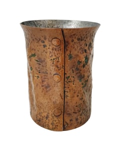 Big Arts Crafts Antique Hammered Copper Textured Riveted Beaker Cup Brush Pot Vase
