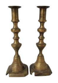 American Beehive Federal to Empire Brass Candle Holders Folk Art Make-Do Base Modification Collectib