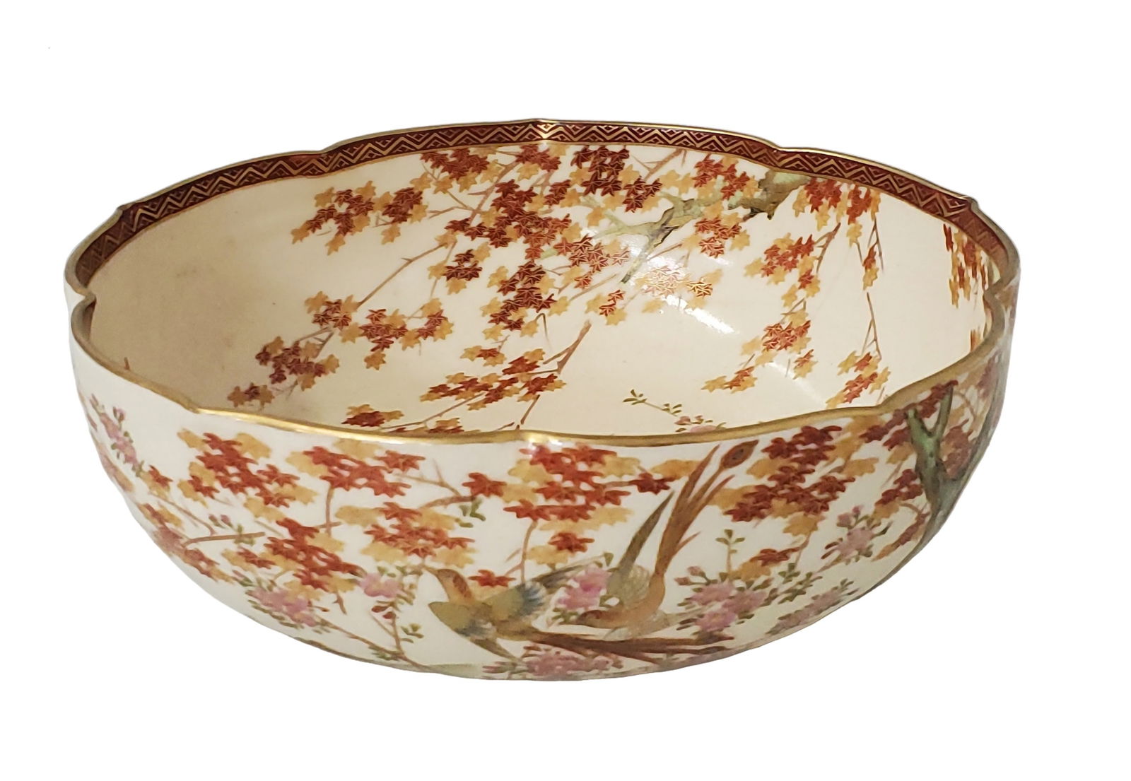 Antique Japanese Signed Koshida Satsuma Meiji Pottery Bowl Birds Blossoms (1 of 6)