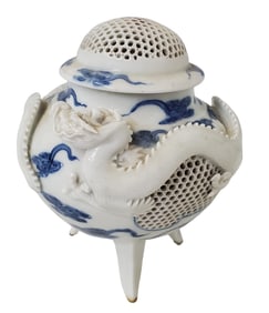 Chinese Blue White Porcelain Dragon Censer Reticulated Incense Burner Vintage Antique