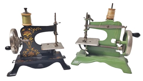 Two Retro Deco Vintage Childs Toy Miniature Sewing Machine Hand Crank Casige German