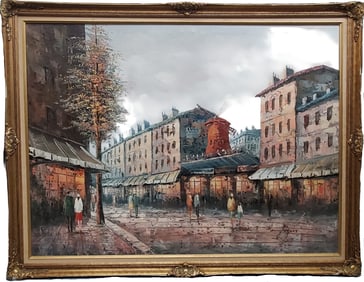 Signed Henry Rogers Moulin Rouge Parisian Street Scene Oil Painting Large Vintage