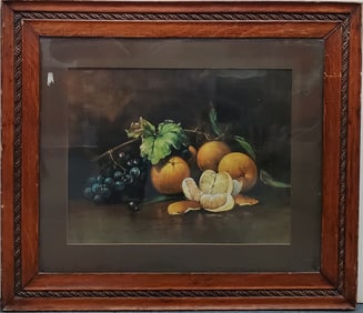 Antique Victorian Fruit Still Life Chromolithograph Oak Frame