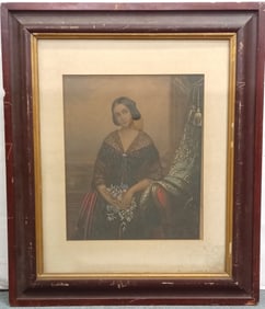 Antique Mid Victorian Hand Colored Portrait Engraving