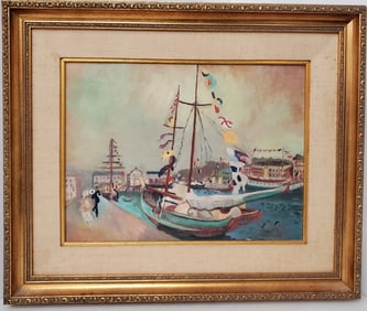 French Fauvist Subject Style Happenie After Raoul Dufy Bateaux Post Impressionist Seascape Coast Oil