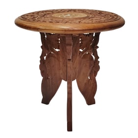 Vintage Carved Inlaid Folding Collapsible Tripod Tabouret Table 9.75in Tall 9.25in Diameter
