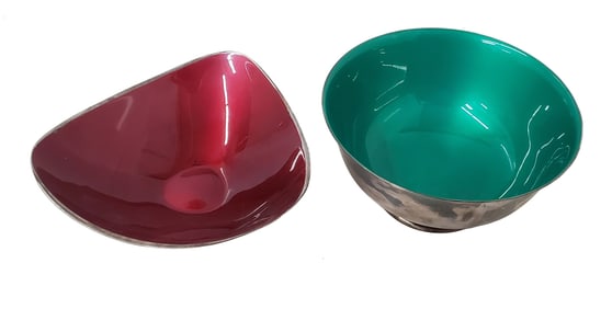 Vintage Reed & Barton Silver Plated Enamel Triangular & Round Dish Bowls Lot of 2