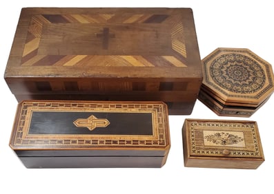Lot of 4 Vintage Wooden Parquetry Marquetry Inlaid Lidded Trinket Boxes
