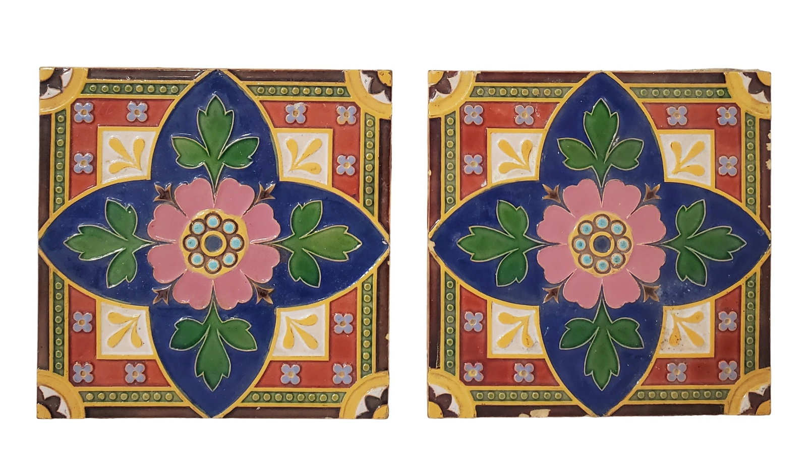 Antique Arts Crafts English Minton & Co Stoke on Trent Art Pottery Earthenware Tile Lot of 2 (1 of 8)