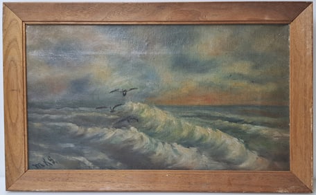 Unknown Mystery Artist Signed Seascape Ocean Seabirds Oil On Canvas Painting