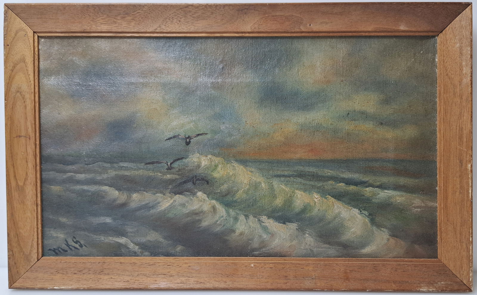 Unknown Mystery Artist Signed Seascape Ocean Seabirds Oil On Canvas Painting (1 of 4)