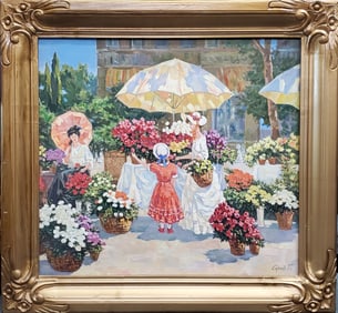 Petr Serov Russian Impressionist Oil Painting Large Flower Market 1996