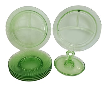 Uranium Vaseline Type Depression Green Glass Plates Server 7 Pieces