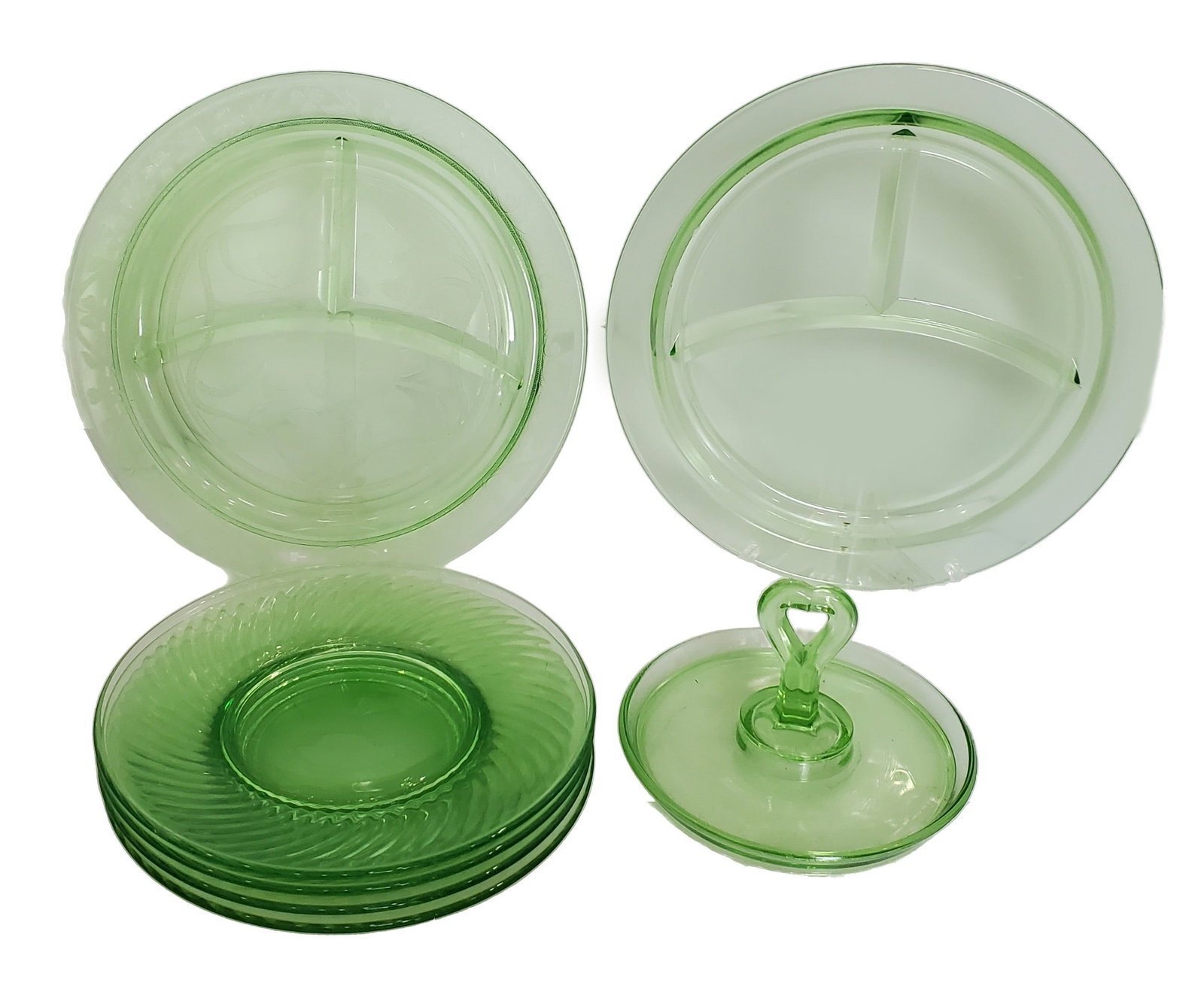 Uranium Vaseline Type Depression Green Glass Plates Server 7 Pieces (1 of 6)