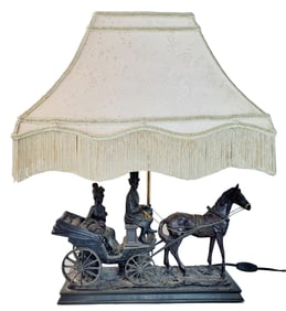 Horse Carriage Victorian Scene Vintage Composite Sculpture Lamp Boudoir Fringe Shade