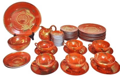 Japanese Early 20c Kutani Gilt Red Dragon Motif Porcelain Partial Tea Set