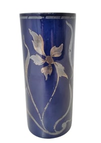 Unusual Vintage Silver Overlay on Porcelain Pottery Cylinder Vase Art Deco Unsigned