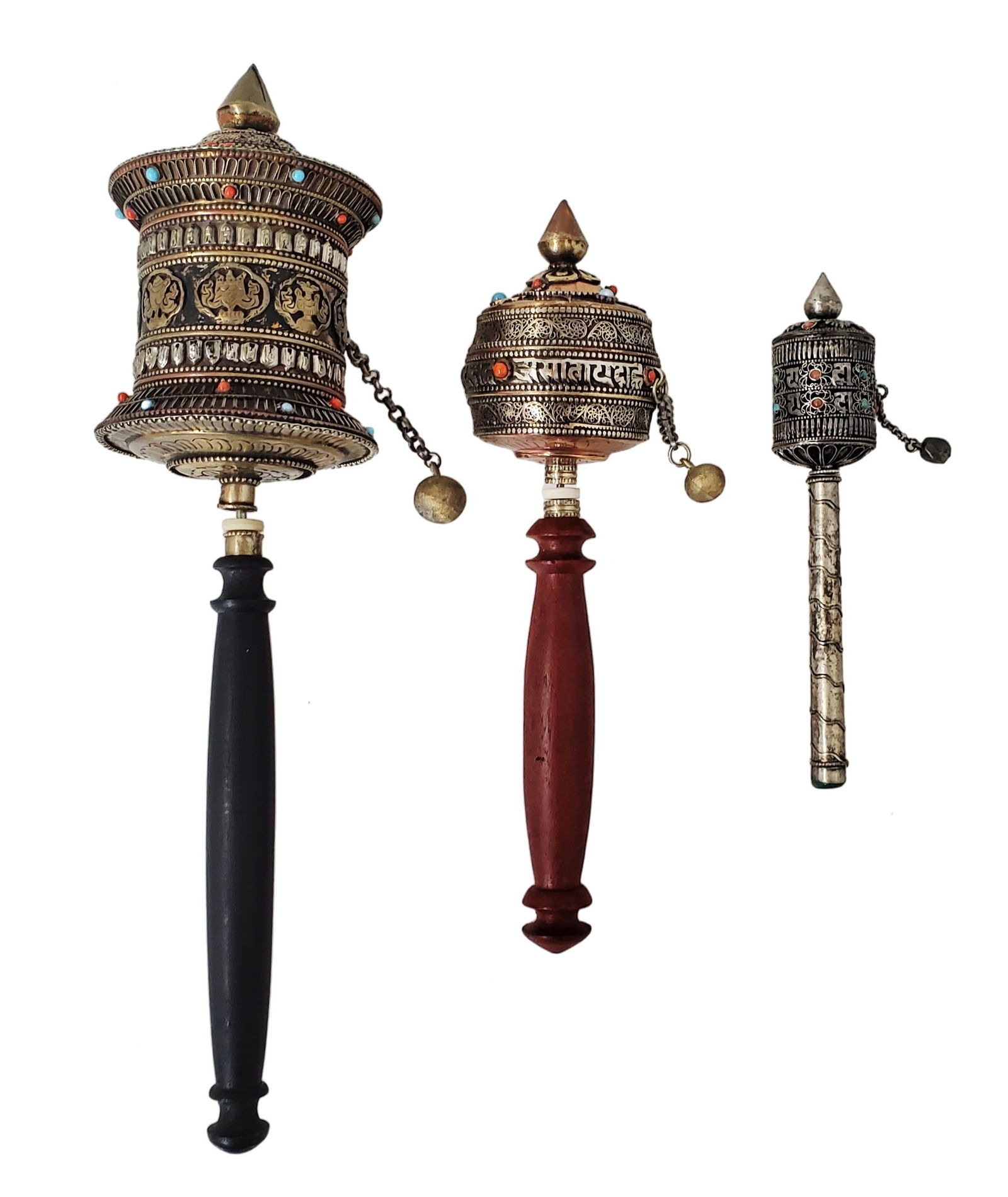 3 Tibetan Prayer Wheels Mixed Metal Stone Set Chinese Buddhist Interest (1 of 9)