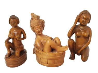Vintage Japanese Naughty Okimono Shunga Subject Nude Woman Wood Carving Southeast Asian Chinese Lot