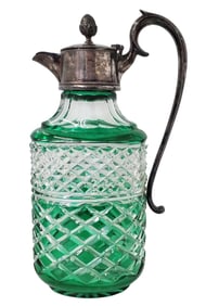 Antique Silver Plated Green Cut to Clear Art Glass Claret Jug Pitcher