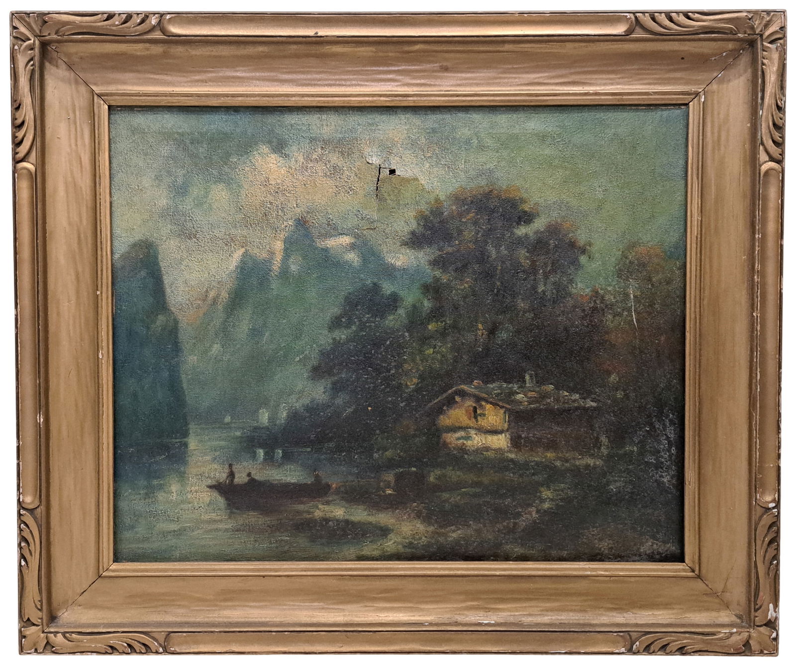 Estate Discovery Illegibly Signed Cabin Landscape Mountain Lake Oil On Canvas Arts Crafts Frame (1 of 9)