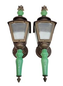 Vintage Art Deco Green Art Glass Colonial Revival Eagle Electric Wall Sconce Pair 23in
