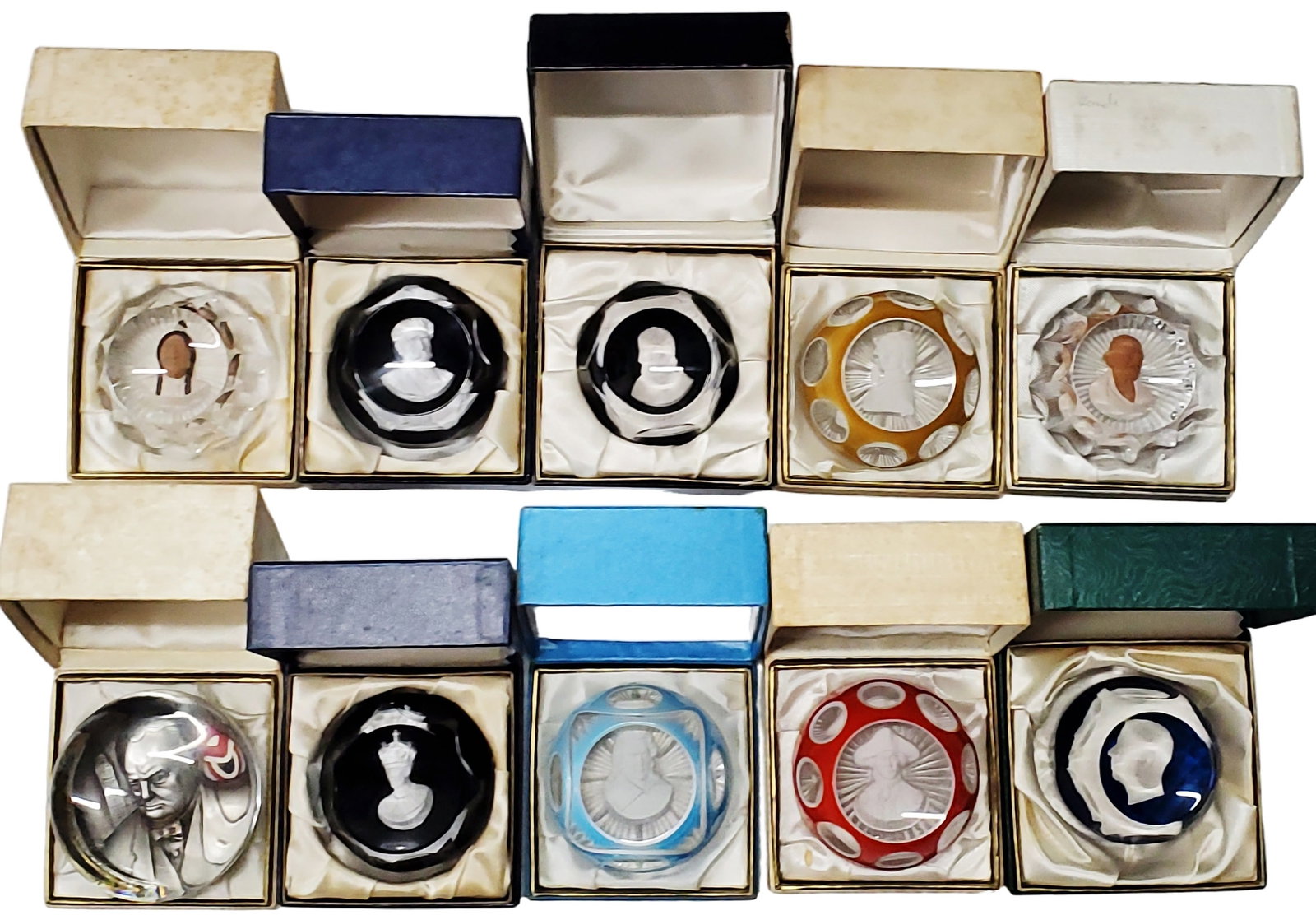 French Crystal Art Glass Paperweights Cristal D'Albret France Lot of 10: Described By: Michelle NFODD HFA VX Title: French Crystal Art Glass Paperweights Cristal D'Albret France Lot of 10 Description:Included in this lot Jenny Lind, Chief Sitting Bull, Winston Churchill,