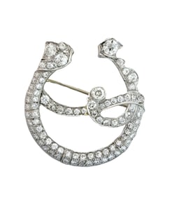 Art Deco Platinum Horseshoe Ribbon Motif Fine Old Euro Diamond Period Brooch