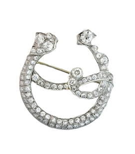 Art Deco Platinum Horseshoe Ribbon Motif Fine Old Euro Diamond Period Brooch: Described & Photographed By: Rachel HFA NOYDD 61435 Title: Art Deco Platinum Horseshoe Ribbon Motif Fine Old Euro Diamond Period Brooch Description: This exquisite piece in a period cor