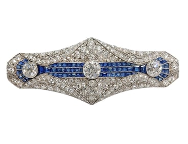 Near Perfect Art Deco 5ctw Diamond Fine GIA Blue Natural Sapphire Large Platinum Brooch