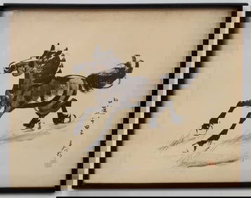 Xu Beihong Signed Horse Ink Calligraphy Painting Max Welz Vienna Austrian Framing Label Inscribed (1 of 7)