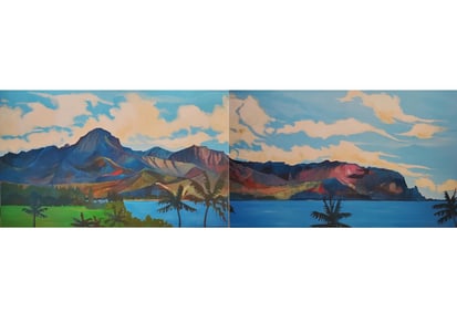Ed Lane Hanalei Bay Hawaiian Mountain Landscape Seascape Giclee Diptych Large 36x120 COA One of 3