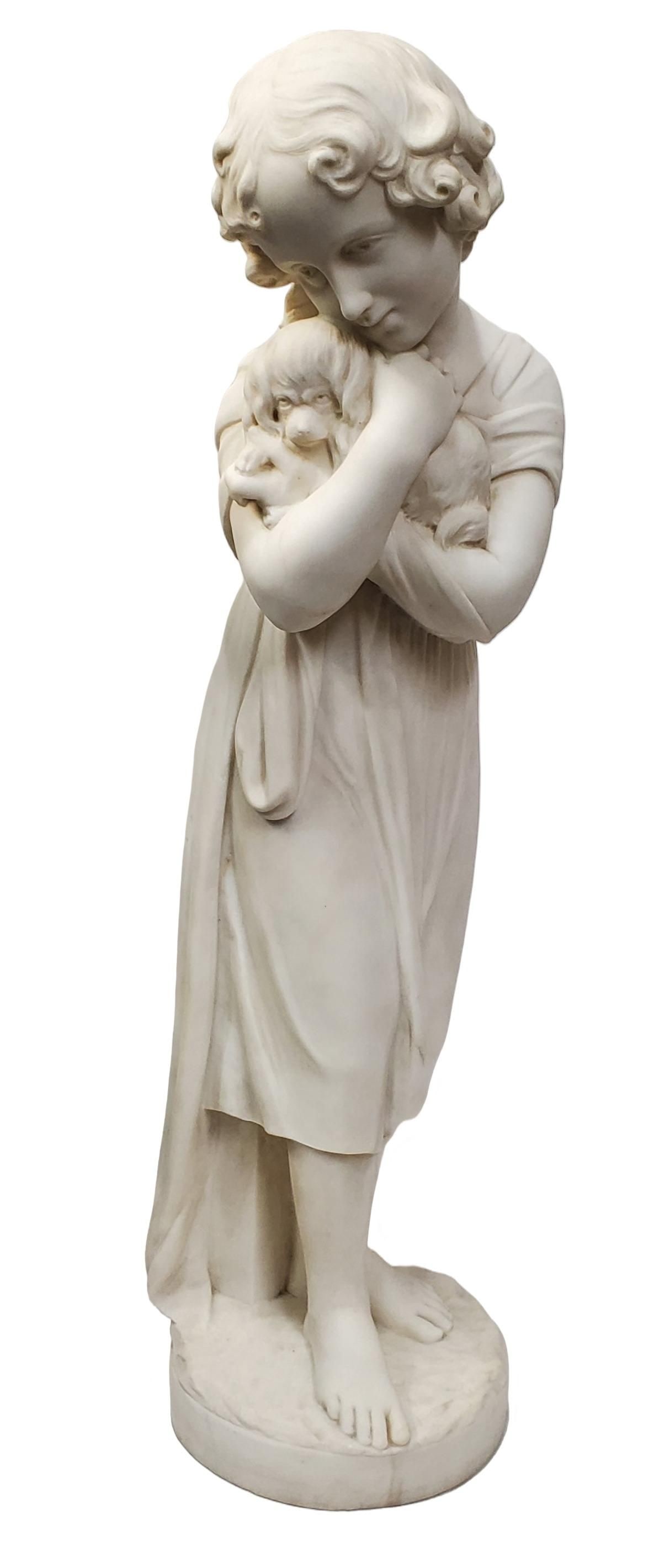 Large Marble Antonio Piazza 30in Antique Sculpture Girl Puppy Dog Italian Carved Statue Late (1 of 7)