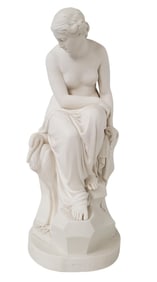 John Lawlor 1852 Statue 20 inch Porcelain Bisque Neoclassical Sculpture Nude Female Solitude